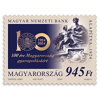 A képen a 100 éves a Magyar Nemzeti Bank bélyeg látható.