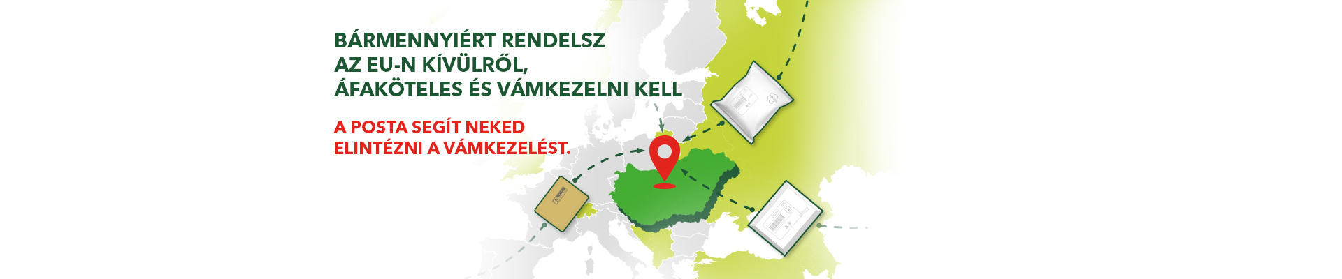 A képen egy Magyarországot ábrázoló kép látható, ahova csomagok érkeznek. A képen látható felirat a következő: Bármennyiért rendelsz az eu-n kívülről, áfaköteles és vámkezelni kell. A Posta segít neked elintézni a vámkezelést.