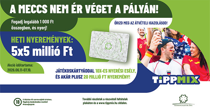 Tippmix - A meccs nem ér véget a pályán! Fogadj legalább 1000 Ft összegben, és nyerj! Heti nyeremények: 5x5 millió Ft.