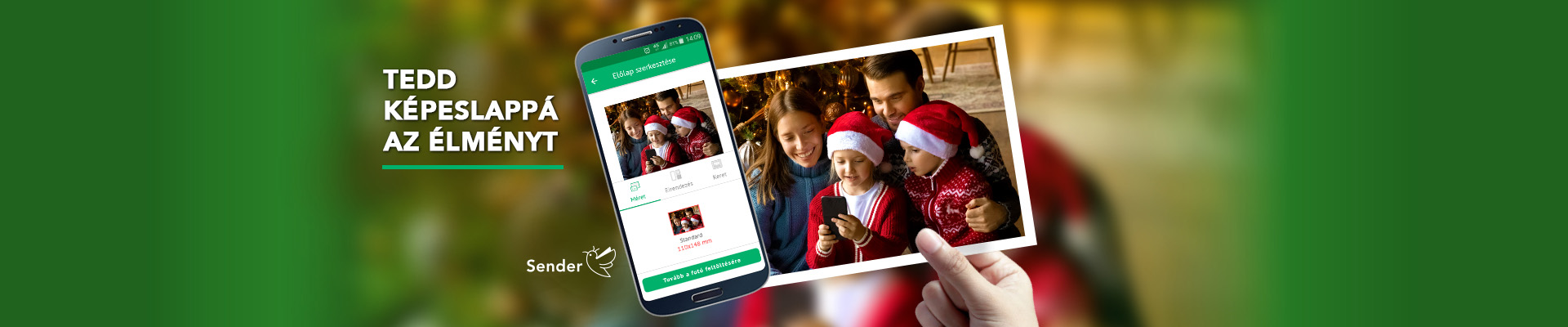 Tedd képeslappá az élményt. Készíts saját fotóidból valódi képeslapot! Az első küldés ingyenes. A képen egy mobilon látható fotó látható, és ugyanaz a fotó egy képeslapon is.